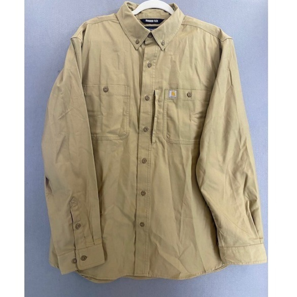Carhartt  Mens L Rugged Flex Relaxed Fit‎ Long Sleeve Button Up Shirt Jac Tan